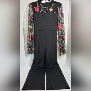 SHEIN Black Jumpsuit with Floral Mesh Sleeves Size S